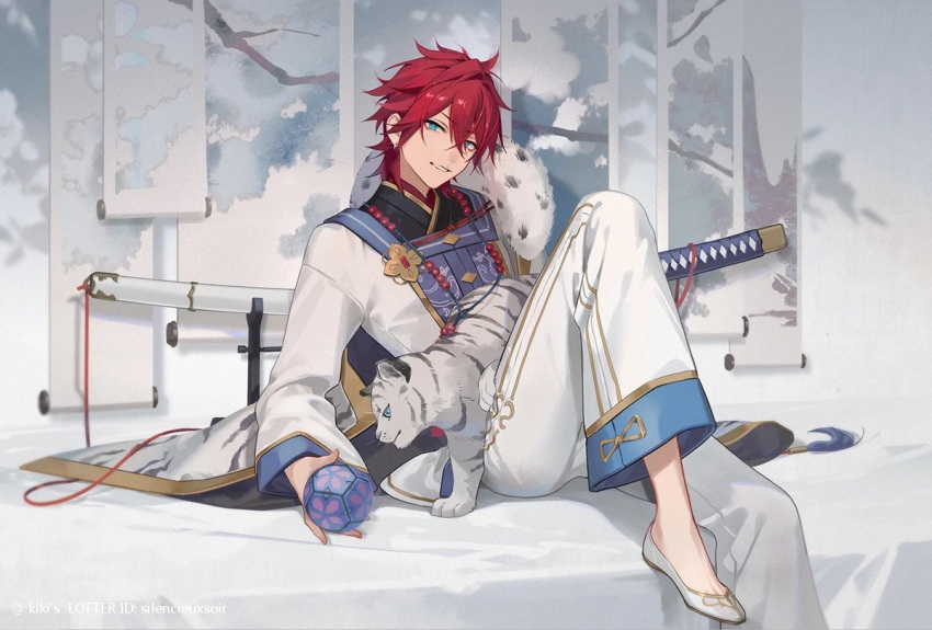 1boy amagi_rinne animal_on_lap blue_eyes bright_pupils ensemble_stars! eyokiki hair_between_eyes long_sleeves looking_at_viewer male_focus on_lap open_mouth red_hair short_hair sitting smile tiger tiger_cub traditional_clothes white_footwear white_pupils white_tiger wide_sleeves