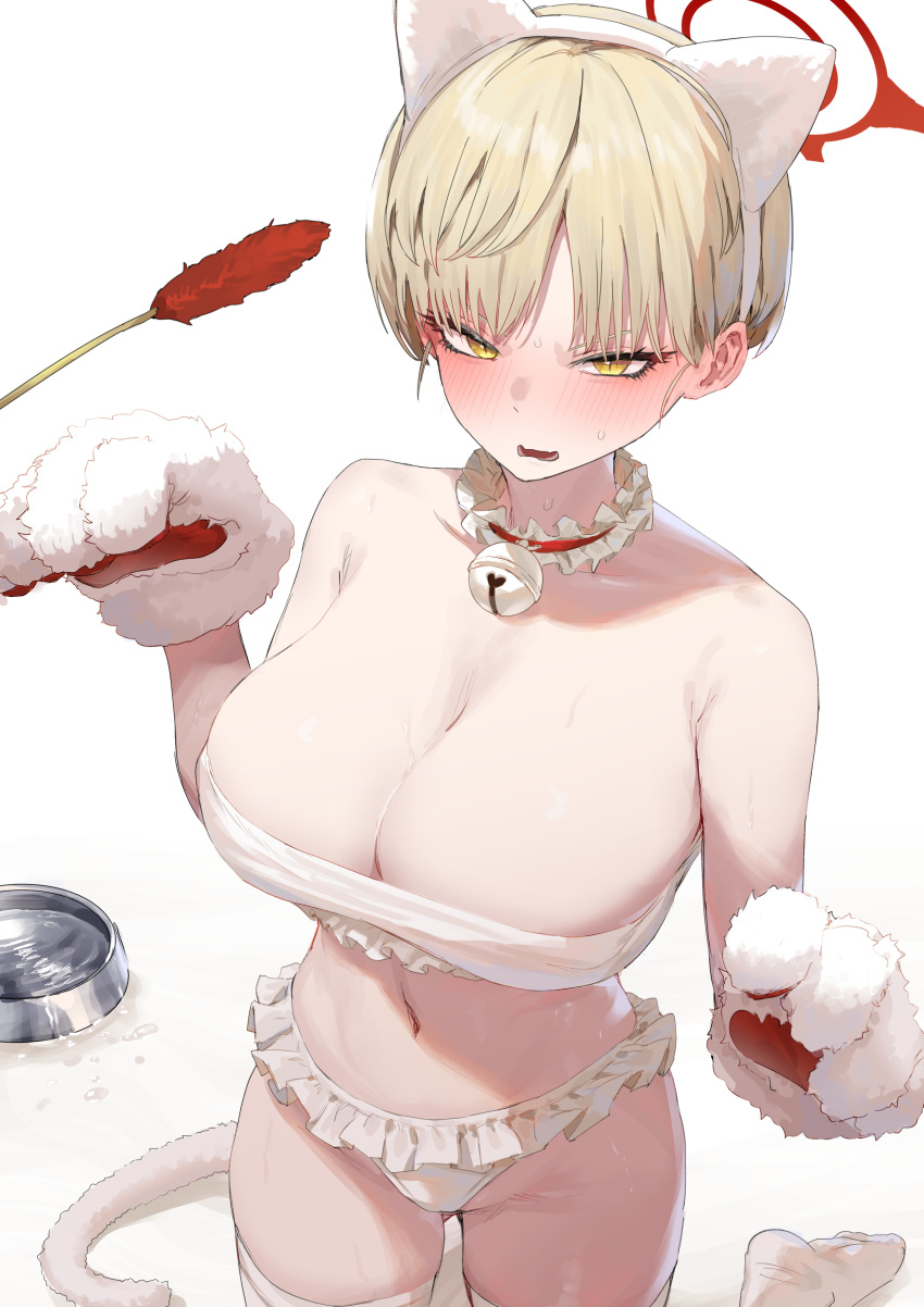 1girl absurdres animal_ears animal_hands bell blonde_hair blue_archive blush bowl breasts cat_ears cat_tail cattail cleavage fake_animal_ears frills gloves halo highres ie_(raarami) kneeling large_breasts looking_at_viewer marina_(blue_archive) navel neck_bell open_mouth paw_gloves pet_bowl plant short_hair solo sweatdrop tail thighhighs water white_background white_thighhighs yellow_eyes