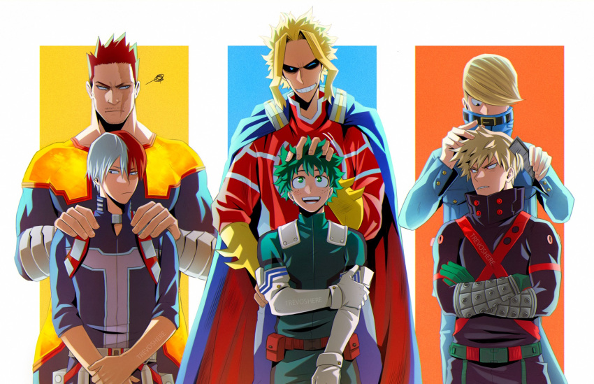 6+boys :d all_might artist_name bakugou_katsuki bangs belt best_jeanist black_bodysuit blonde_hair blue_bodysuit blue_cape blue_eyes blue_jacket blue_pants bodysuit boku_no_hero_academia brown_belt brushing_another's_hair brushing_hair cape clenched_teeth closed_mouth cowboy_shot elbow_gloves endeavor_(boku_no_hero_academia) facial_hair gloves green_bodysuit green_gloves green_hair grin hand_on_own_arm hands_on_another's_shoulders height_difference highres jacket long_sleeves looking_at_another midoriya_izuku multicolored_background multicolored_hair multiple_boys one_eye_closed own_hands_together pants pouch red_bodysuit red_cape red_hair shaded_face shiny shiny_hair short_hair smile squiggle stubble swept_bangs teeth todoroki_shouto trevo_(trevoshere) two-sided_cape two-sided_fabric two-tone_hair white_gloves white_hair yagi_toshinori