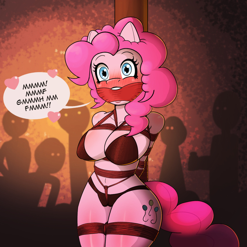 &lt;3 anthro bdsm big_breasts bikini blush bondage bound breasts cleave_gag clothing crotch_rope cutie_mark dialogue earth_pony english_text equid equine female friendship_is_magic gag gagtalk group hasbro hi_res horse looking_at_viewer mammal muffled_speech my_little_pony open_mouth pinkie_pie_(mlp) pony restraints rope rope_bondage solo_focus swimwear text tied_to_pole zeecibee