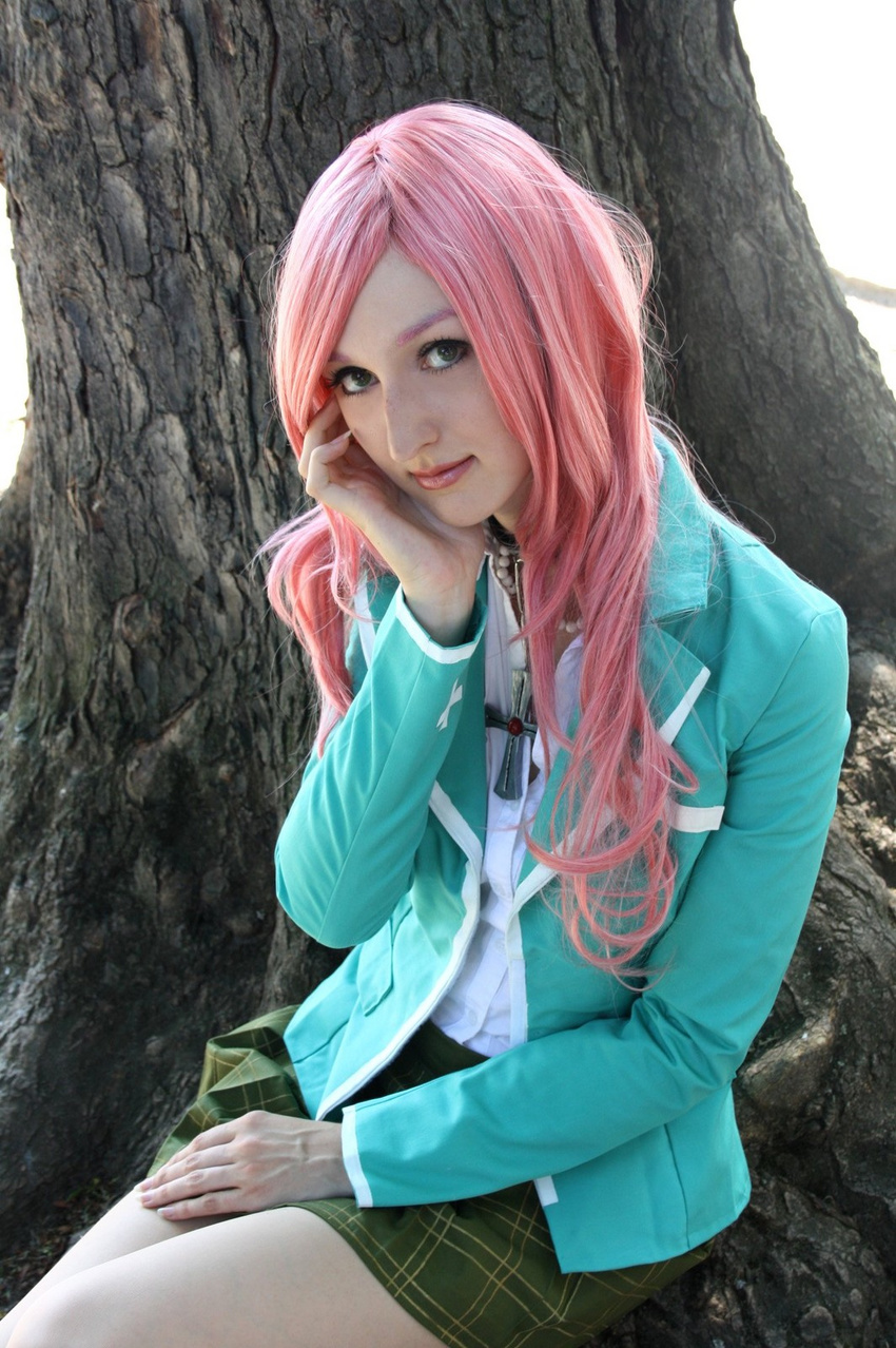 1girl airbrushed akashiya_moka akashiya_moka_(cosplay) cosplay highres photo pink_hair real rosario+vampire smile solo