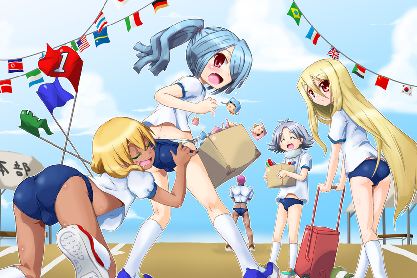 :d :o ^_^ afuro_terumi american_flag antenna_hair ass ass_grab assisted_exposure back bangs bent_over blonde_hair blue_buruma blue_hair blush blush_stickers box brazilian_flag bulge buruma buruma_pull butt_crack cardboard_box closed_eyes cloud crop_top crossdressing danish_flag dark_skin dark_skinned_male day drooling dropping eyebrows_visible_through_hair fang finnish_flag flag flags_of_all_nations flipped_hair foreshortening from_behind from_side fubuki_shirou full_body german_flag gym_shirt gym_uniform hair_between_eyes hair_over_one_eye hair_over_shoulder hair_tie happy high_ponytail holding inazuma_eleven inazuma_eleven_(series) kazemaru_ichirouta kneehighs kneeling kneepits leaning_forward legs_apart legs_together line_marker long_hair looking_at_another looking_back male_focus matsuno_kuusuke midriff miyasaka_ryou multiple_boys muscle naughty_face nauruan_flag north_korean_flag number numbered_flag open_mouth otoko_no_ko outdoors outline panties panties_under_buruma panty_peek parted_bangs parted_lips people's_republic_of_china_flag pervert pink_hair ponytail pulled_by_another red_eyes relay_baton saliva scarf shirogane_(cufsser) shirt shoes short_sleeves side-tie_panties silver_hair sky smile someoka_ryuugo south_korean_flag sports_festival standing string_of_flags sudanese_flag surprised swept_bangs thick_eyebrows track track_and_field underwear undressing union_jack upshirt very_long_hair white_hair white_legwear white_panties white_scarf white_shirt yaoi