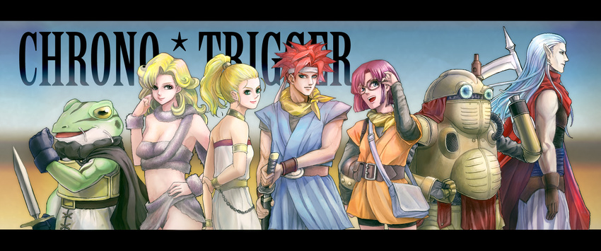 4boys aaaa_(11000111) ayla_(chrono_trigger) blonde_hair chrono_trigger crono glasses highres kaeru_(chrono_trigger) lucca_ashtear magus marle multiple_boys multiple_girls purple_hair red_hair robo silver_hair