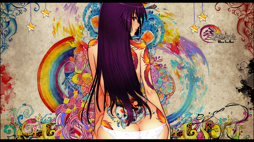 1girl arms ass back bakemonogatari bare_shoulders blue_eyes blush butt_crack dimples_of_venus dragon elbow english female fish flower from_behind hands highres letterboxed long_hair long_image looking_at_viewer looking_back lowleg lowleg_panties monogatari_(series) open_mouth paintbrush panties panties_only photoshop purple_hair senjougahara_hitagi sitting skindentation sleigh snyp solo star surreal taka_tony tanaka_takayuki tattoo text topless underwear underwear_only wallpaper white_panties wide_image