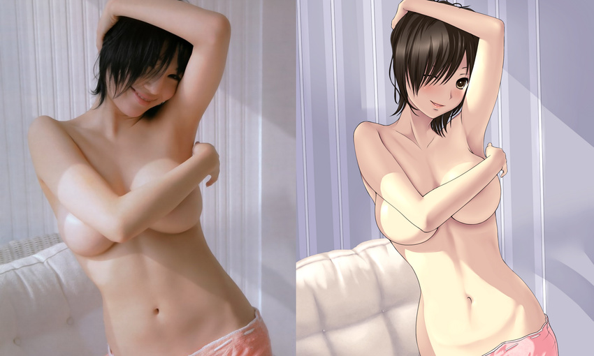 absurdres armpits black_hair breasts comparison covering covering_breasts derivative_work highres large_breasts morishita_yuuri ominaeshi_(shimapan) real_life reference_photo reference_photo_inset resized smile upscaled