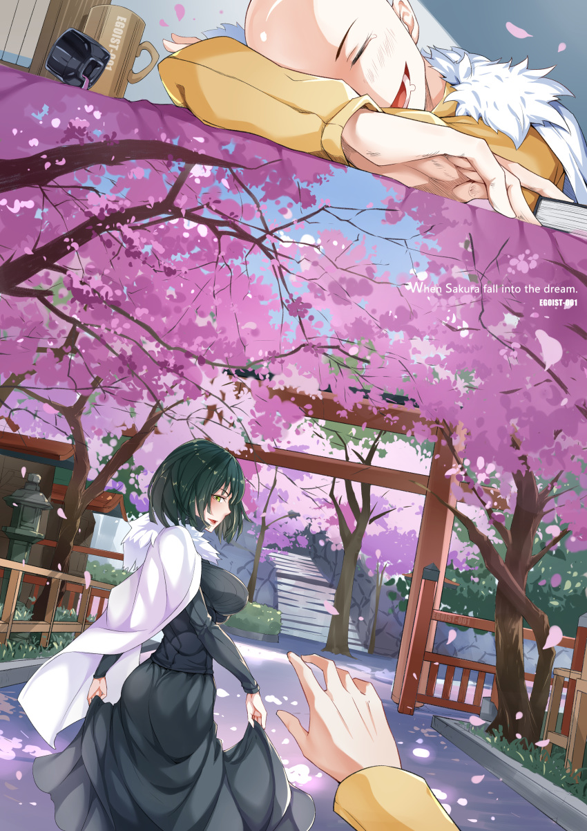 1boy 1girl absurdres architecture bald black_dress blue_sky breasts cherry_blossoms commentary_request cup dress east_asian_architecture egoist-001 eyes_closed fubuki_(one-punch_man) fur_coat fur_collar green_dress green_eyes green_hair highres jacket_on_shoulders large_breasts long_skirt mug one-punch_man open_mouth outstretched_hand petals ribbed_sweater saitama_(one-punch_man) short_hair skirt sky sleeping stairs sweater torii tree yellow_sweater