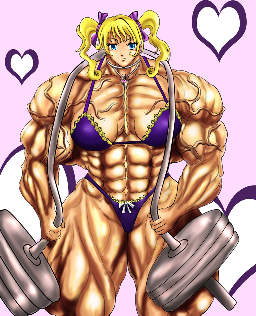 abs barbell bikini blonde_hair blue_eyes choker dumbbell extreme_muscles female highres muscle muscles muscular swimsuit veins
