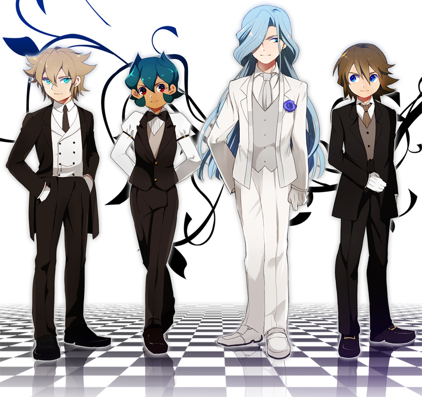 4boys artist_request bad_id blond blonde_hair blue_hair brown_hair edgar_balchinas edgar_valtinas fideo_aldena inazuma_eleven inazuma_eleven_(series) male male_focus mark_kluger mark_kruger multiple_boys rococo_urupa tuxedo