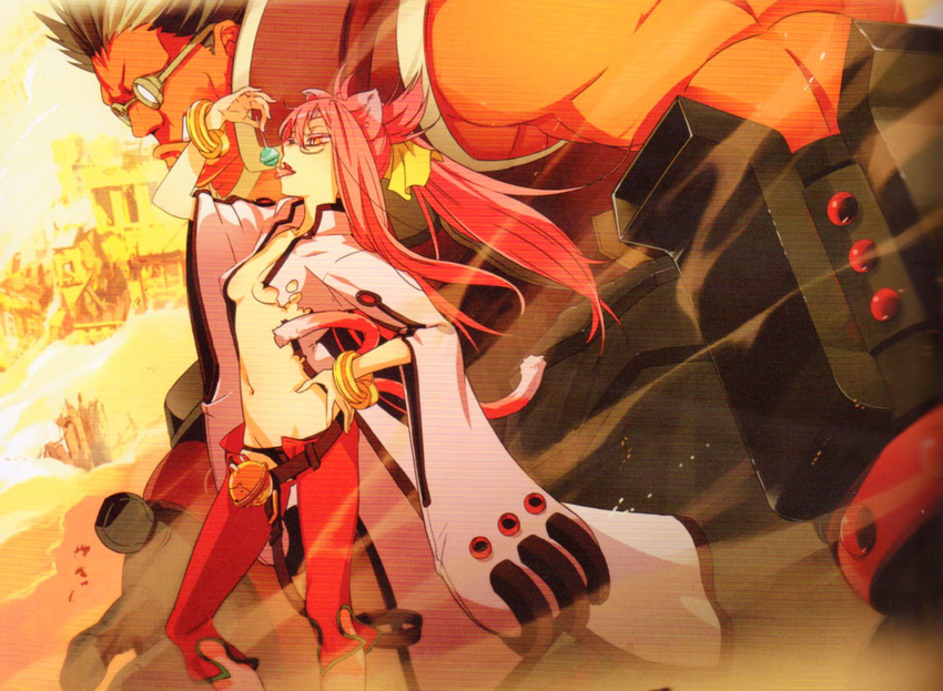 animal_ears arc_system_works bell belt black_hair black_panties blazblue blazblue:_calamity_trigger bracelet breasts candy cat_ears cat_eyes cat_tail fangs female glasses goggles gradient_hair hands_on_hips iron_tager jewelry kokonoe labcoat lollipop long_hair male midriff multicolored_hair multiple_tails muscle muscular official_art open_clothes open_mouth open_shirt orange_eyes panties pants pink_hair ponytail red_skin ribbon shirt short_hair slit_pupils small_breasts tail tongue torn_clothes underwear unzipped white_hair yellow_ribbon