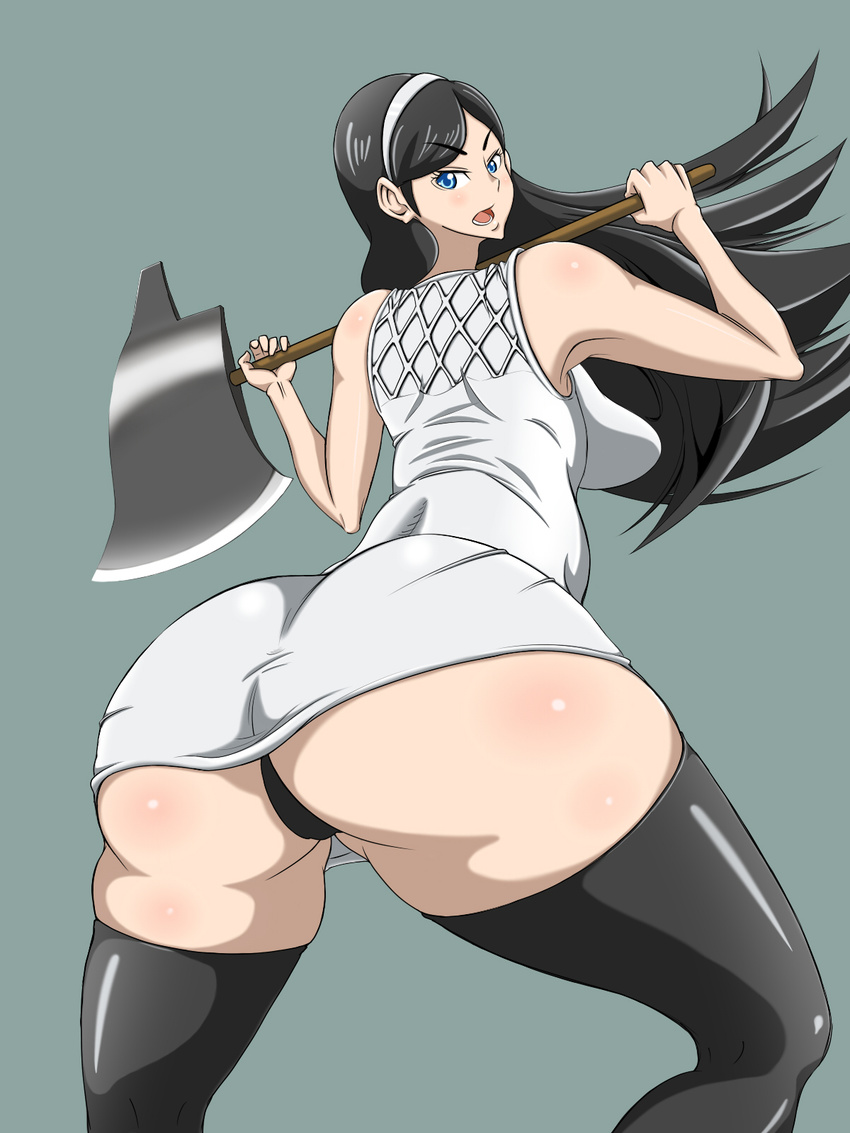 ass ax axe bad_proportions dress highres hips huge_ass kumashiro_maya kuumi1107 long_hair minidress occult_academy panties poorly_drawn seikimatsu_occult_gakuin short_dress sunlight thighhighs underwear upskirt weapon wide_hips