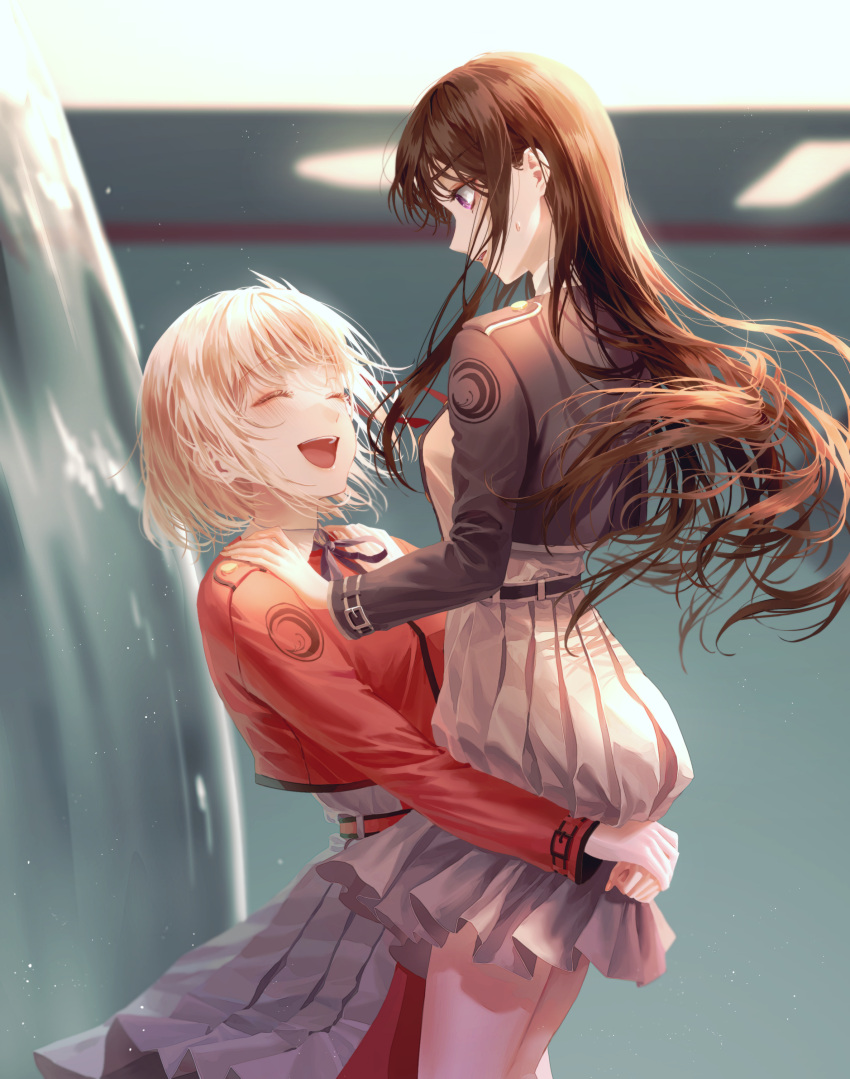 2girls :d absurdres blonde_hair brown_hair carrying closed_eyes floating_hair grey_skirt hand_on_another's_shoulder highres inoue_takina jacket lewol_7 long_hair long_sleeves looking_at_another looking_down lycoris_recoil lycoris_uniform miniskirt multiple_girls neck_ribbon nishikigi_chisato open_mouth pleated_skirt profile purple_eyes red_jacket ribbon shiny shiny_hair short_hair skirt smile straight_hair swat very_long_hair wing_collar