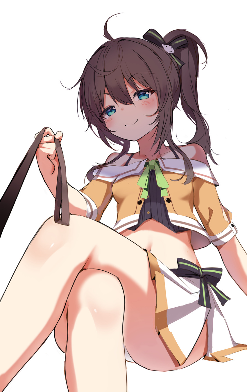 1girl ahoge bare_legs bare_shoulders black_camisole blue_eyes bow breasts brown_hair camisole cat_hair_ornament collarbone cropped_jacket crossed_legs hair_between_eyes hair_bow hair_ornament highres holding holding_leash hololive leash light_blush looking_at_viewer midriff natsuiro_matsuri navel orobou pleated_skirt pov shadow side_ponytail side_slit sidelocks simple_background sitting skirt small_breasts smile smug solo thighs viewer_on_leash virtual_youtuber white_background