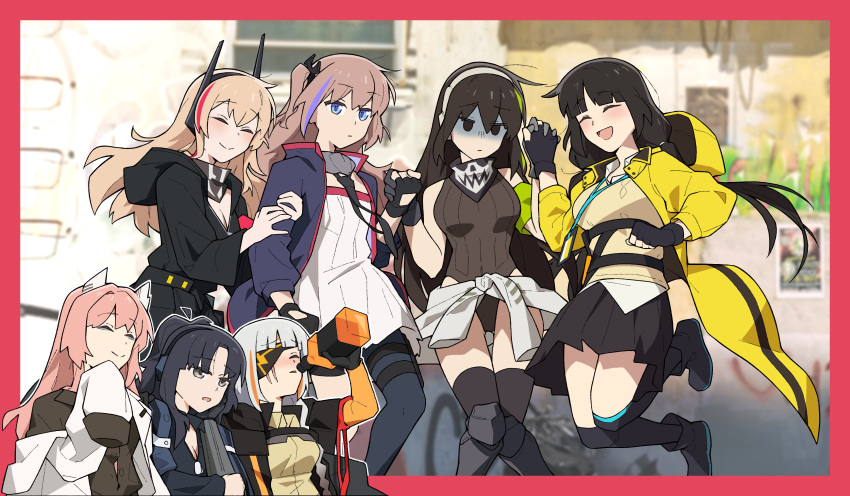 6+girls absurdres angelia_(girls'_frontline) animal_ears anti-rain_(girls'_frontline) arm_grab black_eyes black_hair black_jacket blue_eyes bocchi_the_rock! bottle closed_eyes clothes_around_waist dress drinking emile_aoi eyepatch fake_animal_ears fingerless_gloves girls'_frontline gloves green_hair grey_hair headgear highres holding holding_bottle holding_hands jack_daniel's jacket jacket_around_waist jumping labcoat lanyard leotard_sweater light_brown_hair long_hair long_sleeves m16a1_(boss)_(girls'_frontline) m16a1_(girls'_frontline) m4_sopmod_ii_(girls'_frontline) m4a1_(girls'_frontline) miniskirt multicolored_hair multiple_girls necktie one_side_up parody persica_(girls'_frontline) pink_hair pleated_skirt prosthesis prosthetic_arm ro635_(girls'_frontline) scar scar_across_eye single_thighhigh skirt sleeves_past_fingers sleeves_past_wrists st_ar-15_(girls'_frontline) streaked_hair sweater thighhighs white_hair yellow_jacket