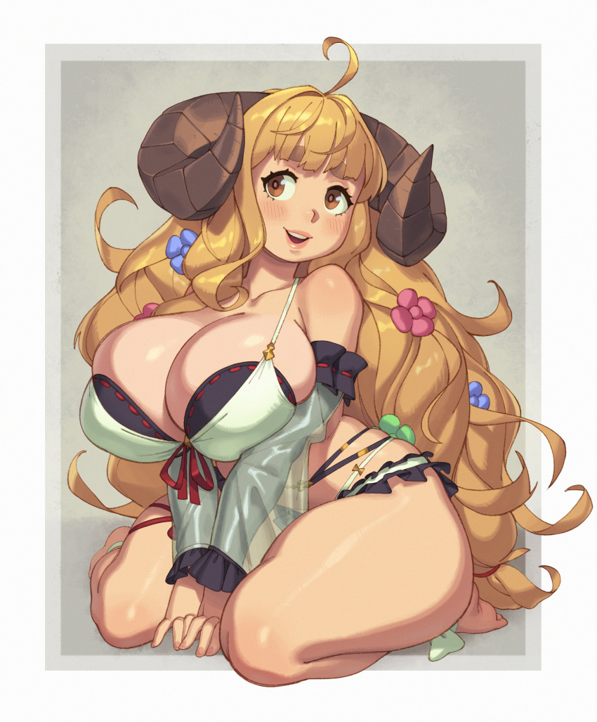 1girl absurdres ahoge anila_(granblue_fantasy) bangs blonde_hair blunt_bangs blush breasts cleavage curvy draph granblue_fantasy highres horns huge_breasts large_breasts long_hair looking_at_viewer open_mouth oppai_loli pointy_ears riz sheep_horns short_eyebrows smile solo thick_eyebrows thick_thighs thighs very_long_hair yellow_eyes