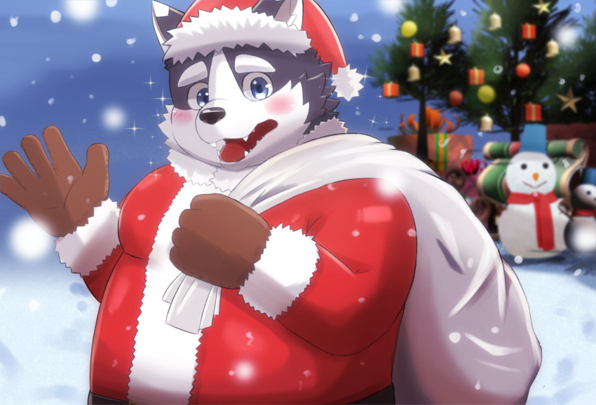 2022 anthro blush canid canine canis christmas christmas_clothing christmas_headwear clothing costume domestic_dog harima hat headgear headwear hi_res holidays humanoid_hands inugamihito kemono male mammal outside overweight overweight_male santa_claus santa_costume santa_hat snow snowing snowman solo tamacolle