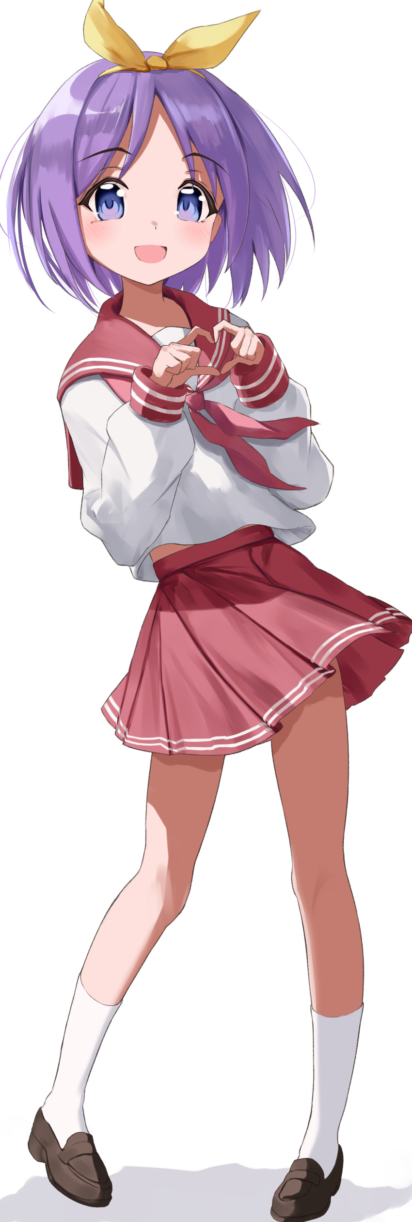 1girl :d absurdres bangs bow bow_hairband brown_footwear collarbone collared_shirt full_body hair_bow hairband heart heart_hands highres hiiragi_tsukasa hiyorin_39 loafers long_hair looking_at_viewer lucky_star midriff_peek miniskirt neckerchief open_mouth parted_bangs pink_neckerchief pleated_skirt purple_eyes purple_hair red_sailor_collar red_serafuku red_skirt ryouou_school_uniform sailor_collar sailor_shirt school_uniform serafuku shiny shiny_hair shirt shoes simple_background skirt smile socks solo standing white_background white_shirt white_socks yellow_bow yellow_hairband