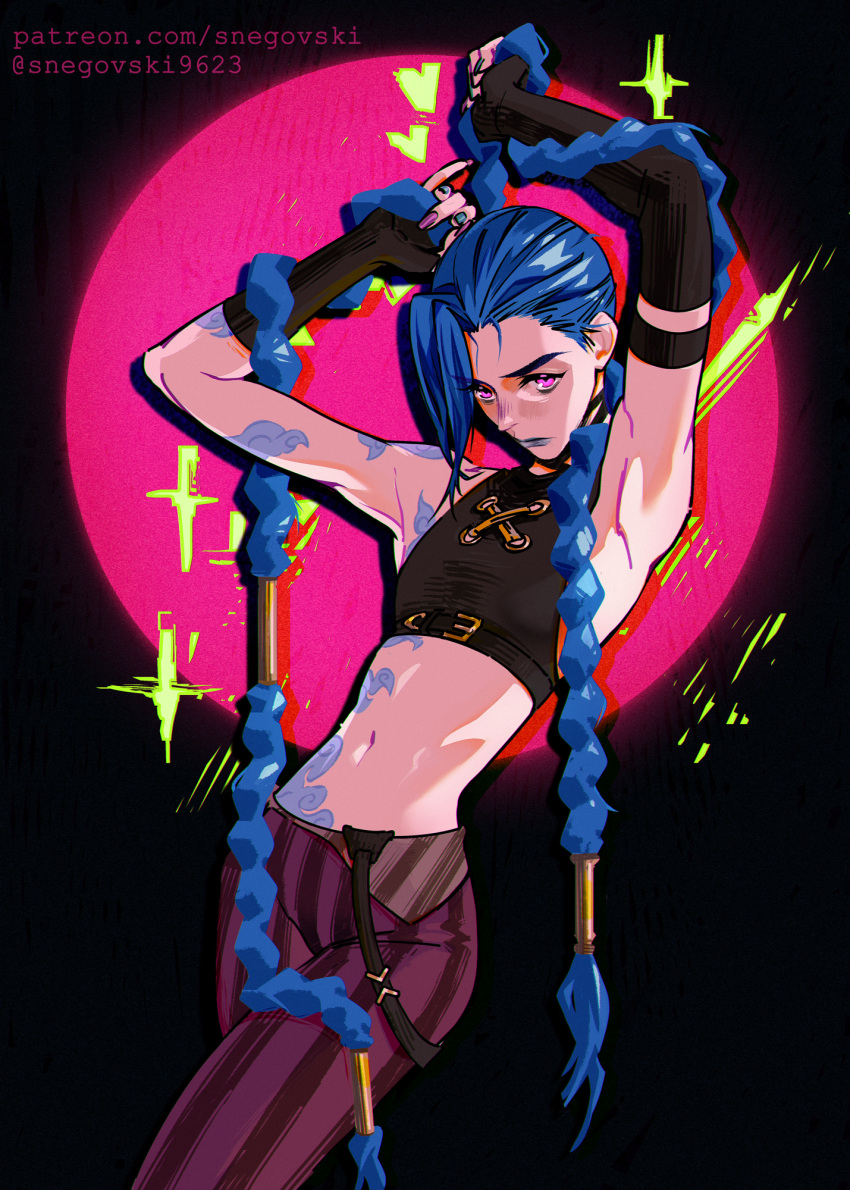 1girl arcane:_league_of_legends arcane_jinx arm_tattoo armpits arms_up asymmetrical_bangs bangs bare_shoulders black_background blue_hair braid breasts cloud_tattoo crop_top fingerless_gloves gloves highres jinx_(league_of_legends) league_of_legends long_hair looking_at_viewer navel pants pink_background shiny shiny_hair shoulder_tattoo snegovski solo stomach stomach_tattoo striped striped_pants tattoo twin_braids very_long_hair