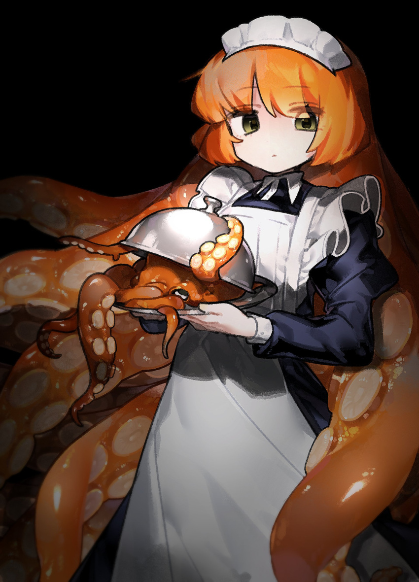 1girl absurdres apron bangs black_background black_dress dress expressionless green_eyes highres ishmael_(limbus_company) juliet_sleeves limbus_company long_hair long_sleeves looking_at_viewer maid maid_headdress nanle octopus orange_hair project_moon puffy_sleeves solo tentacle_hair tray white_apron
