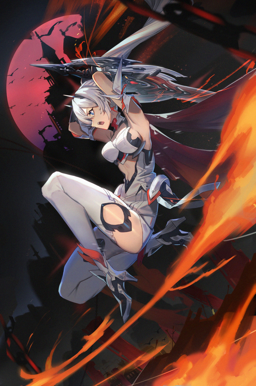 1girl absurdres armor armored_dress bangs bare_shoulders bird blue_eyes boots breasts cape castle commentary_request determined earrings elbow_gloves flaming_sword flaming_weapon gloves hair_between_eyes hair_ornament high_heel_boots high_heels highres holding holding_sword holding_weapon honkai_(series) honkai_impact_3rd jewelry kiana_kaslana kiana_kaslana_(herrscher_of_flamescion) lastation14 long_hair looking_ahead night open_mouth outdoors ponytail sword teeth thighhighs upper_teeth_only very_long_hair weapon white_hair
