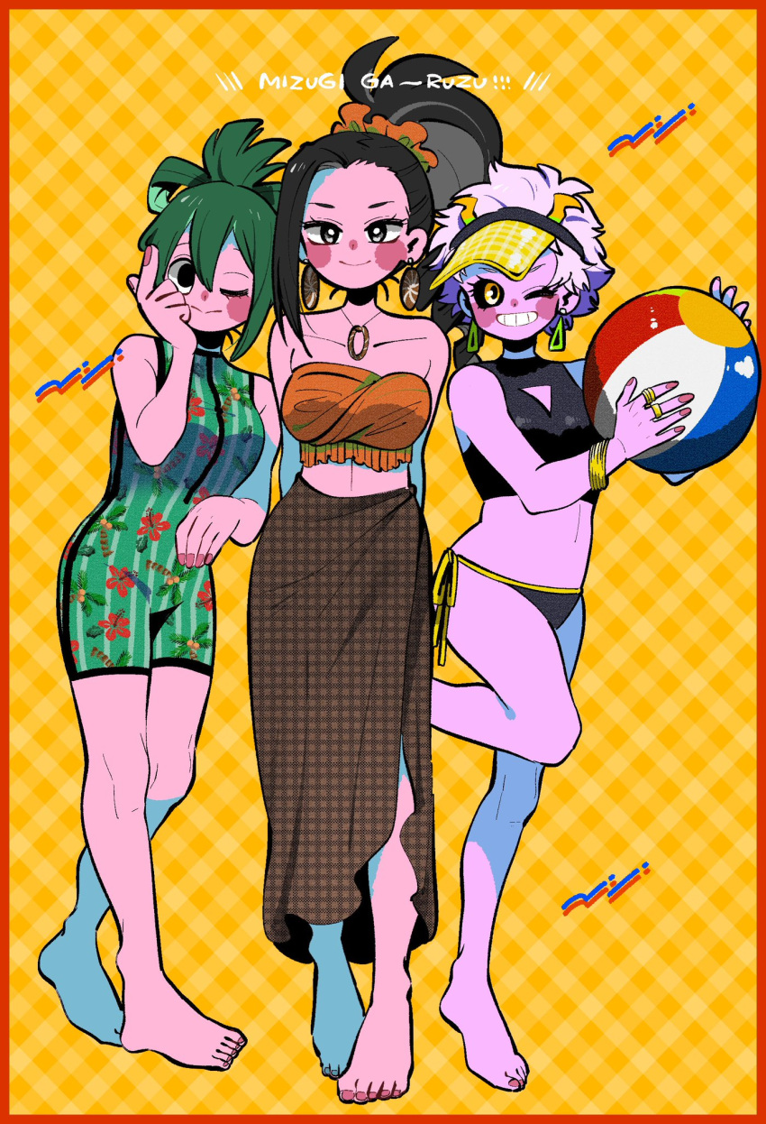 3girls alternate_hairstyle anna_(aannnaa3) ashido_mina asui_tsuyu ball bangs bare_shoulders barefoot beachball bikini black_bikini black_eyes black_hair black_sclera blush boku_no_hero_academia border bracelet breasts brown_skirt closed_mouth colored_sclera commentary_request earrings full_body green_hair grey_eyes hair_rings hair_up highres holding jewelry long_hair looking_at_viewer midriff multiple_girls navel necklace one_eye_closed orange_background orange_border orange_horns patterned_background pink_hair ponytail ring romaji_text short_hair side-tie_bikini_bottom skirt smile standing swimsuit visor_cap yaoyorozu_momo yellow_eyes