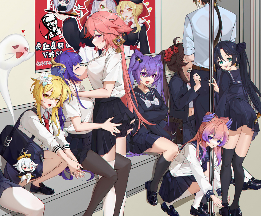 1boy 6+girls absurdres animal_ears bag bangs bent_over black_hair black_headwear black_serafuku black_socks blonde_hair blue_hair blunt_bangs blush boo_tao_(genshin_impact) bow breasts brown_hair cherry_blossoms chinese_commentary chinese_text closed_eyes colonel_sanders colored_tips cone_hair_bun crossed_arms doll earrings embarrassed employee_uniform fang fast_food_uniform floppy_ears flower fox_ears full_body genshin_impact ghost gradient_hair green_eyes hair_between_eyes hair_bun hair_ears hair_flower hair_ornament hand_on_another's_ass hat heart highres hu_tao_(genshin_impact) jacket jewelry keqing_(genshin_impact) kfc large_breasts lily_(flower) long_hair long_sleeves looking_at_viewer lumine_(genshin_impact) medium_breasts midriff mole mole_under_eye mona_(genshin_impact) multicolored_hair multiple_girls navel necktie noelle_(genshin_impact) noelle_(kfc)_(genshin_impact) official_alternate_costume open_clothes open_jacket open_mouth paimon_(genshin_impact) pants pantyhose pink_hair plum_blossoms ponytail purple_eyes purple_hair raiden_shogun sangonomiya_kokomi school_bag school_uniform serafuku shirt shoes short_hair short_hair_with_long_locks sidelocks single_earring sitting skin_fang skirt smile socks standing suyujiu_u sweatdrop tassel tassel_earrings teeth twintails uniform upper_teeth_only very_long_hair white_flower white_shirt white_socks yae_miko yellow_eyes zhongli_(genshin_impact)