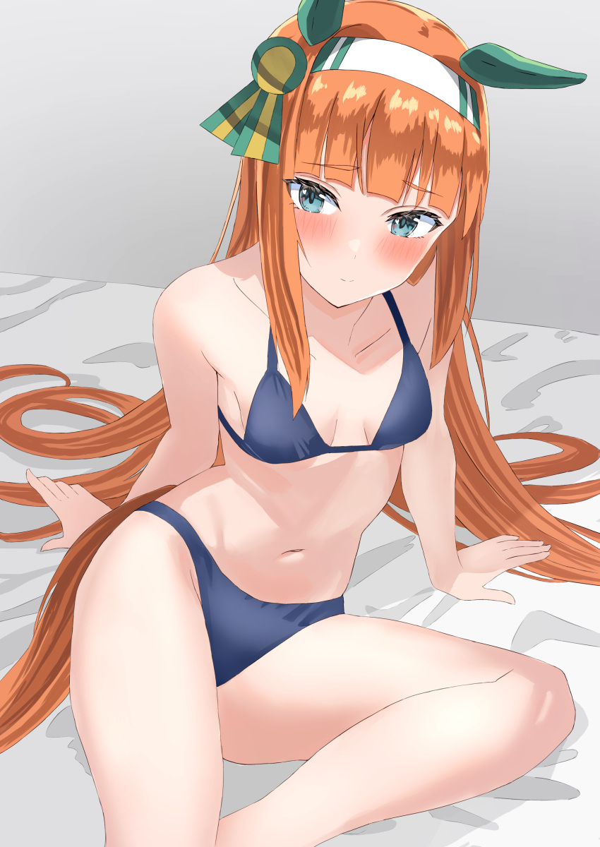 1girl absurdres alumina_(kennmeidesu) animal_ears bed bikini blue_bikini breasts ear_covers green_eyes hairband highres hime_cut horse_ears horse_girl horse_tail orange_hair silence_suzuka_(umamusume) sitting small_breasts solo swimsuit tail umamusume white_hairband