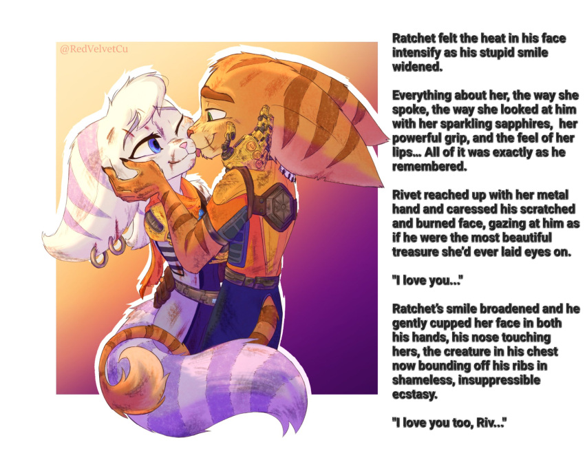 anthro blue_eyes duo english_text female green_eyes hand_on_face hi_res licking licking_another licking_partner lombax looking_at_another looking_at_partner love male male/female mammal prosthetic prosthetic_arm prosthetic_limb ratchet ratchet_and_clank rivet_(ratchet_and_clank) romantic romantic_couple sony_corporation sony_interactive_entertainment stripes text tongue tongue_out video_games wounded