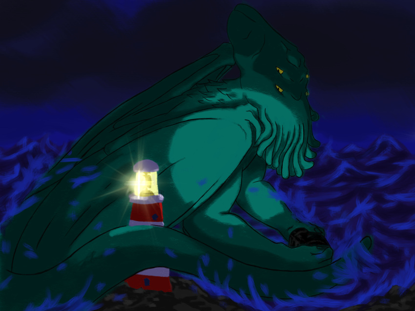 ambiguous_gender cthulhu cthulhu_mythos deity great_old_one_(h.p._lovecraft) h.p._lovecraft hi_res humanoid lighthouse night sea solo storm voodoopuppy water wave