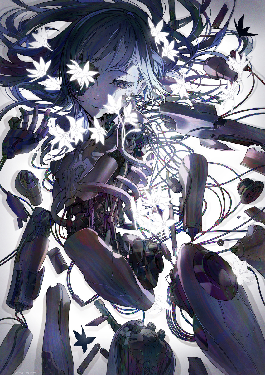 1girl absurdres android bangs black_hair cable damaged expressionless flower glowing_flower highres long_hair looking_down mechanical_parts mika_pikazo missing_eye nude original ribs