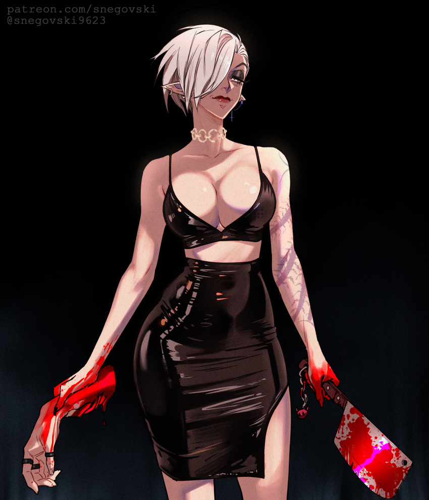 1girl bangs bare_shoulders black_nails black_skirt blood blood_on_weapon breasts chain closed_mouth collarbone cowboy_shot disembodied_limb gradient gradient_background grey_hair half-closed_eye highres holding holding_knife holding_own_arm knife large_breasts nail_polish original pencil_skirt pointy_ears shiny shiny_skin short_hair skirt smile snegovski solo tattoo weapon web_address