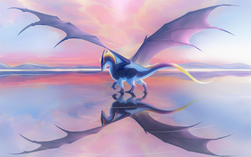 16:10 dawn_(disambiguation) dragon feral hi_res lake peaceful raining reflection serene teryx teryx_commodore widescreen