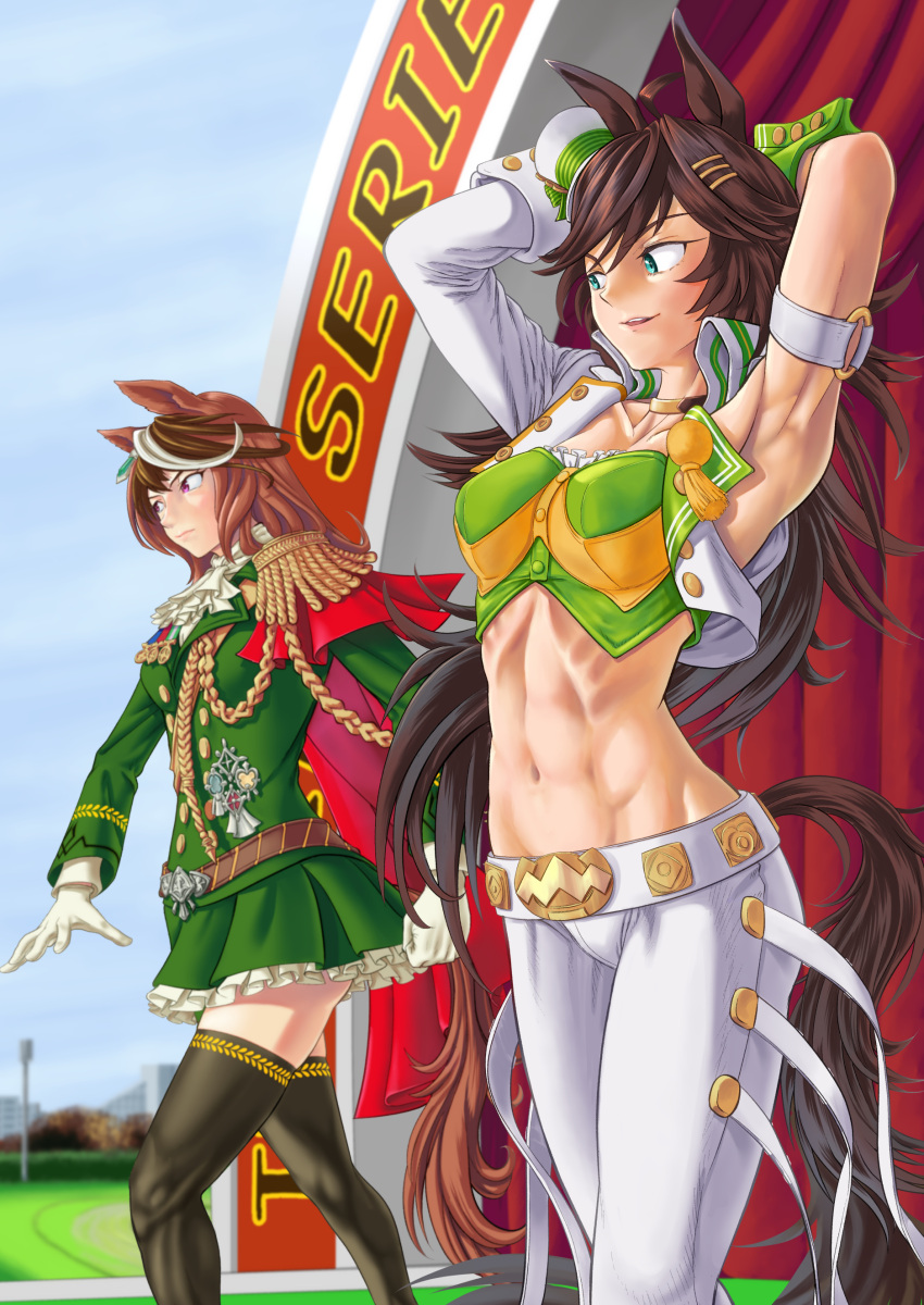 2girls absurdres animal_ears armpits arms_behind_head arms_up bangs black_thighhighs blue_sky breasts brown_hair choker commentary_request cowboy_shot crop_top cropped_jacket day epaulettes feet_out_of_frame fukami_(trash_sp) gloves green_eyes green_jacket green_shirt green_skirt hat highres horse_ears jacket long_hair long_sleeves medium_breasts midriff mini_hat miniskirt mr._c.b._(umamusume) multiple_girls navel open_clothes open_jacket outdoors pants parted_lips purple_eyes shirt single_sleeve skirt sky smile standing stomach strapless strapless_shirt symboli_rudolf_(umamusume) tail thighhighs thighs umamusume very_long_hair white_gloves white_headwear white_jacket white_pants
