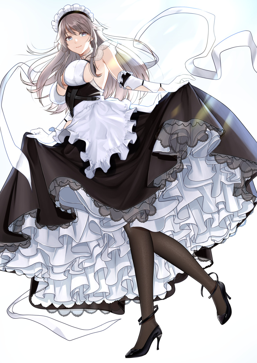 1girl absurdres apron azur_lane black_dress black_footwear black_pantyhose breasts center_opening charybdis_(azur_lane) dress framed_breasts frilled_apron frilled_dress frills from_below from_side full_body gloves grey_eyes grey_hair high_heels highres lace-trimmed_hairband lace_trim large_breasts layered_dress long_hair maid_headdress oshida_bob pantyhose see-through shoes simple_background sleeveless sleeveless_dress solo two-tone_dress white_apron white_background white_dress white_gloves