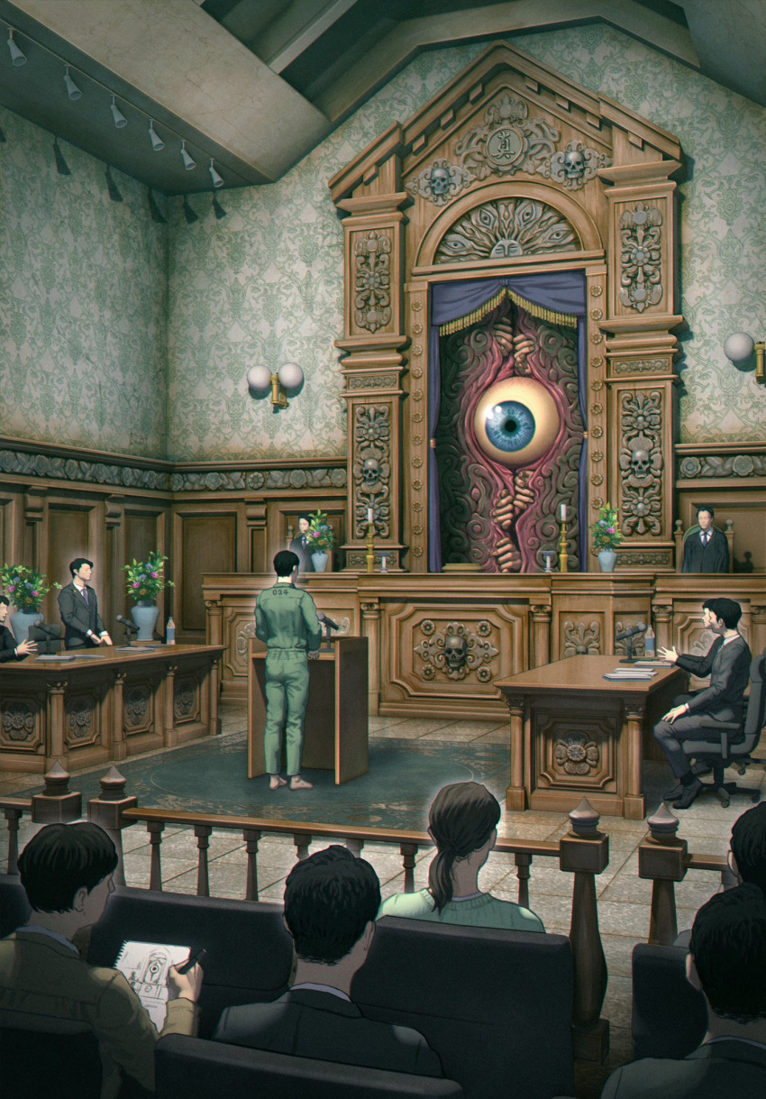 6+boys barefoot black_necktie black_robe black_suit blue_eyes bottle commentary courtroom curtains eyeball formal green_pants green_shirt hayapi_(sinsin08051) highres horror_(theme) indoors judge lamp microphone multiple_boys necktie no_eyes original pants paper plant podium potted_plant robe shirt sitting sketchbook sketching skull standing suit suit_jacket tile_floor tiles trial