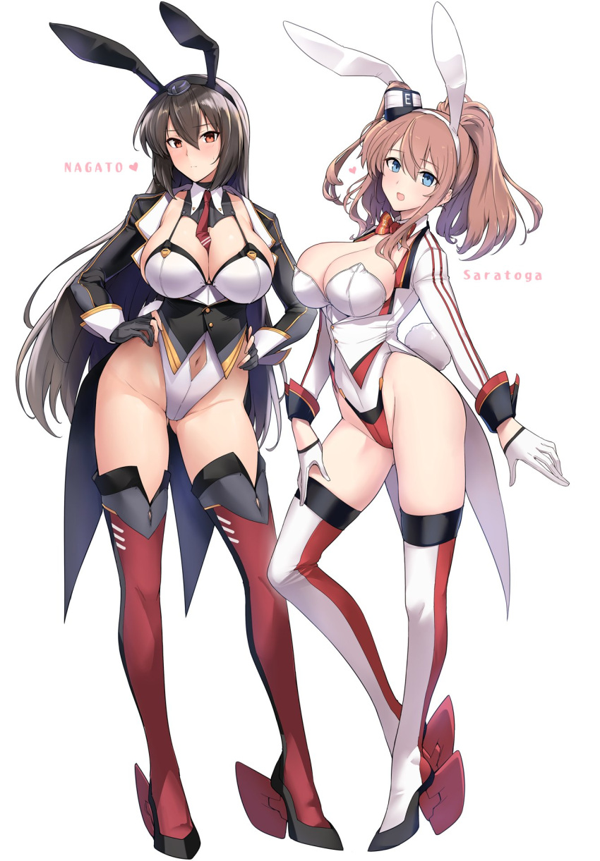 2girls alternate_costume animal_ears black_coat black_gloves black_hair blue_eyes bow bowtie breasts brown_hair cleavage clothing_cutout coat commentary_request commission detached_collar fake_animal_ears gloves hair_between_eyes halcon hands_on_hips highleg highleg_leotard highres kantai_collection large_breasts leotard long_hair multiple_girls nagato_(kancolle) navel_cutout necktie playboy_bunny ponytail rabbit_ears rabbit_tail red_bow red_bowtie red_eyes red_necktie red_thighhighs saratoga_(kancolle) side_ponytail skeb_commission smokestack_hair_ornament strapless strapless_leotard tail tailcoat thighhighs white_coat white_leotard white_thighhighs