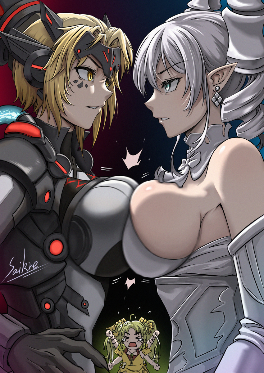 &gt;_&lt; 3girls absurdres afterimage ahoge armor armored_bodysuit bangs bare_shoulders black_bodysuit blonde_hair bodysuit breast_envy breast_press breasts chinese_commentary claws cleavage clenched_teeth commentary_request crying demon_girl demon_horns dinomorphia_kentregina dress drill_hair duel_monster earrings eye_contact facial_mark flower forehead_protector glaring gloves green_hair grey_eyes grey_hair hair_between_eyes hair_ornament headgear highres horns jewelry large_breasts long_hair looking_at_another lovely_labrynth_of_the_silver_castle multiple_girls parted_bangs parted_lips pointy_ears saikre short_hair sidelocks signature standing strapless strapless_dress symmetrical_docking teeth traptrix_sera twin_drills twintails upper_body white_dress yellow_dress yellow_eyes yu-gi-oh!