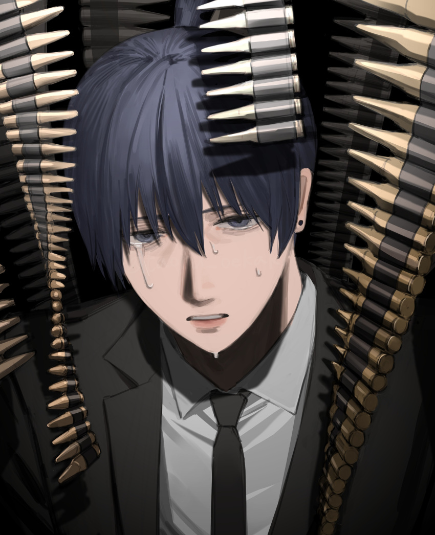 1boy absurdres ammunition_belt black_background black_hair black_jacket black_necktie blue_eyes chainsaw_man collared_shirt crying crying_with_eyes_open dark dark_background earrings formal hayakawa_aki highres jacket jewelry looking_at_viewer necktie sad shirt short_hair simple_background solo stud_earrings suit taoru_oekaki tears topknot white_shirt