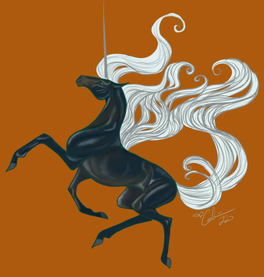 2022 alisian ambiguous_gender black_body calima digital_media_(artwork) equid equine feral hair hi_res hooves horn mammal mane orange_background orange_eyes simple_background solo unicorn white_hair white_mane white_tail