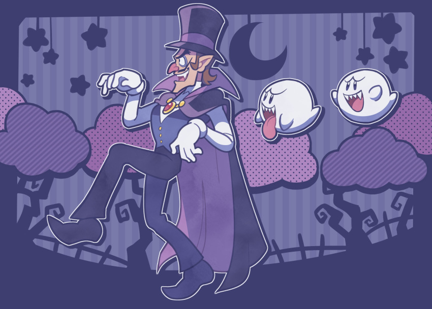 1boy ben-day_dots boo_(mario) branch brooch brown_hair cape cloud crescent_moon facial_hair fangs ghost gloves halloween hat highres jewelry long_sleeves loveycloud male_focus mario_(series) moon mustache open_mouth pointy_ears purple_background screentones smile top_hat vampire_costume waistcoat waluigi white_gloves