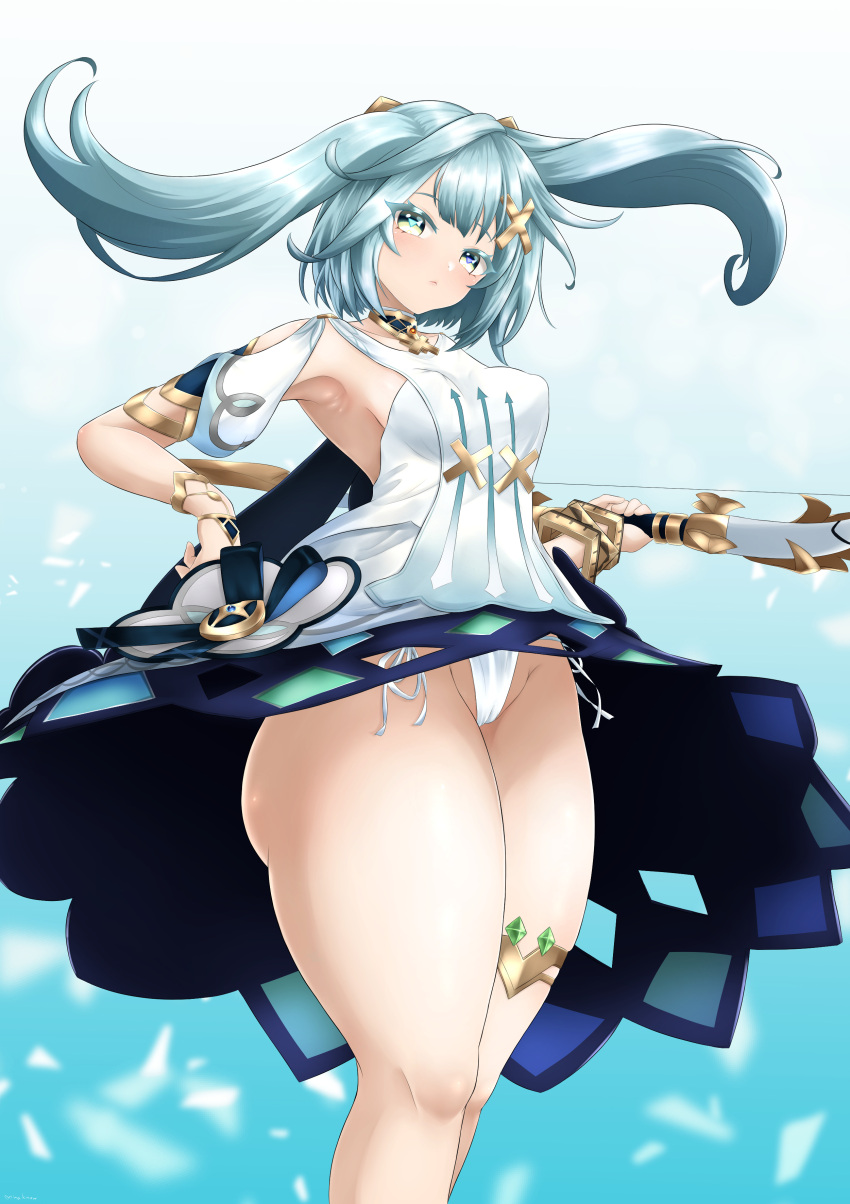 1girl absurdres armpits ass blue_hair blush bracelet breasts dress faruzan_(genshin_impact) genshin_impact green_eyes hair_ornament highres jewelry looking_at_viewer mee_don sleeveless sleeveless_dress small_breasts solo thick_thighs thighs white_dress x_hair_ornament