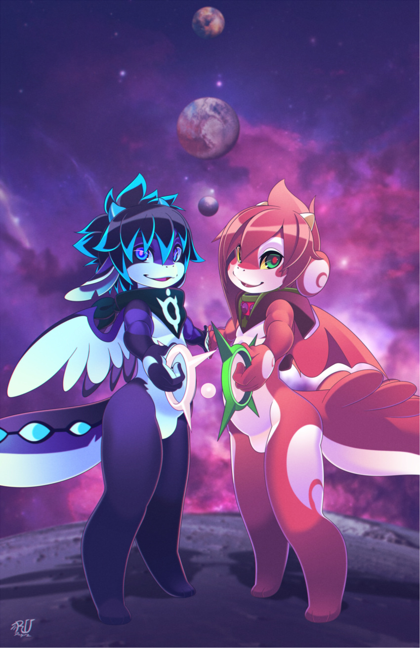 anthro blue_hair casual_nudity collar countershade_torso countershading digital_drawing_(artwork) digital_media_(artwork) dragon duo dusk_(dustfalconmlp) featureless_crotch hair hi_res looking_at_viewer male male/male nebula pink_hair planet ru_(rudragon) rudragon scalie space standing star wings