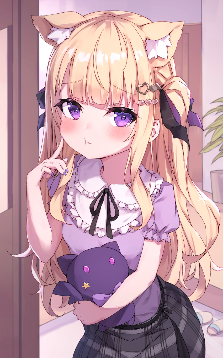 1girl :t absurdres animal_ear_fluff animal_ears bangs black_ribbon black_skirt blonde_hair blush breasts brown_footwear closed_mouth collared_shirt commentary_request frilled_shirt_collar frills hair_ornament hand_up heart heart_hair_ornament highres holding indoors long_hair masaki_(msk064) nail_polish neck_ribbon plaid plaid_skirt pout puffy_short_sleeves puffy_sleeves purple_eyes purple_nails purple_shirt re:act ribbon sandals sandals_removed shirt short_sleeves skirt small_breasts solo standing tsukushi_aria two_side_up very_long_hair virtual_youtuber