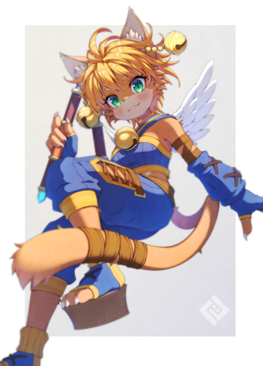 1girl angel_wings animal_ear_fluff animal_ears bandages bell blonde_hair breasts cat cat_ears cat_girl cat_tail claws closed_mouth commentary crop_top daena elbow_gloves feathered_wings feathers fewer_digits fingerless_gloves furry furry_female gloves green_eyes highres holding holding_nunchaku holding_weapon jingle_bell legend_of_mana looking_at_viewer midriff mini_wings nunchaku outside_border seiken_densetsu short_hair slit_pupils solo tail toeless_footwear tsuji weapon white_background white_wings wings