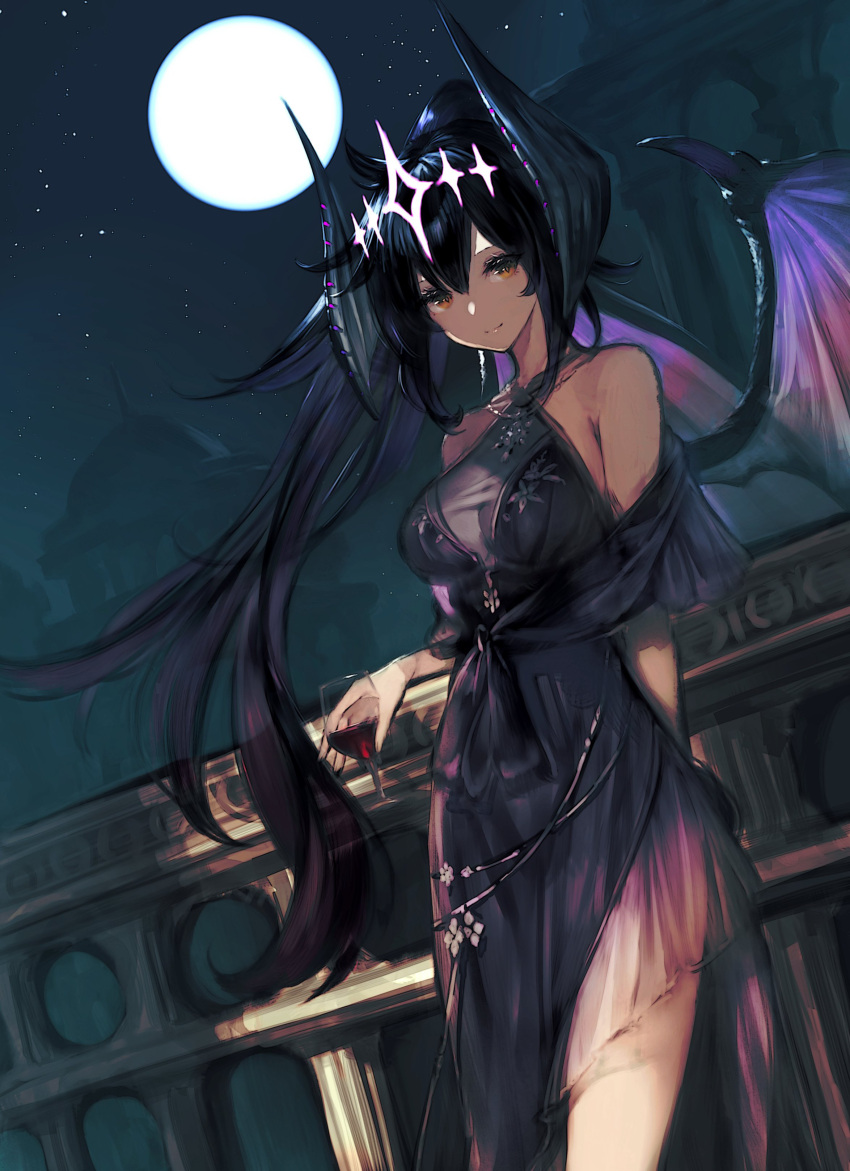 1girl absurdres balcony breasts cup dragon dragon_girl dragon_horns dragon_tail dragon_wings dress drinking_glass full_moon garuku glass highres horns indie_virtual_youtuber jewelry kimochi_(vtuber) long_hair looking_at_viewer monster_girl moon multicolored_hair necklace night sleeveless star_(sky) tail virtual_youtuber wine_glass wings yellow_eyes
