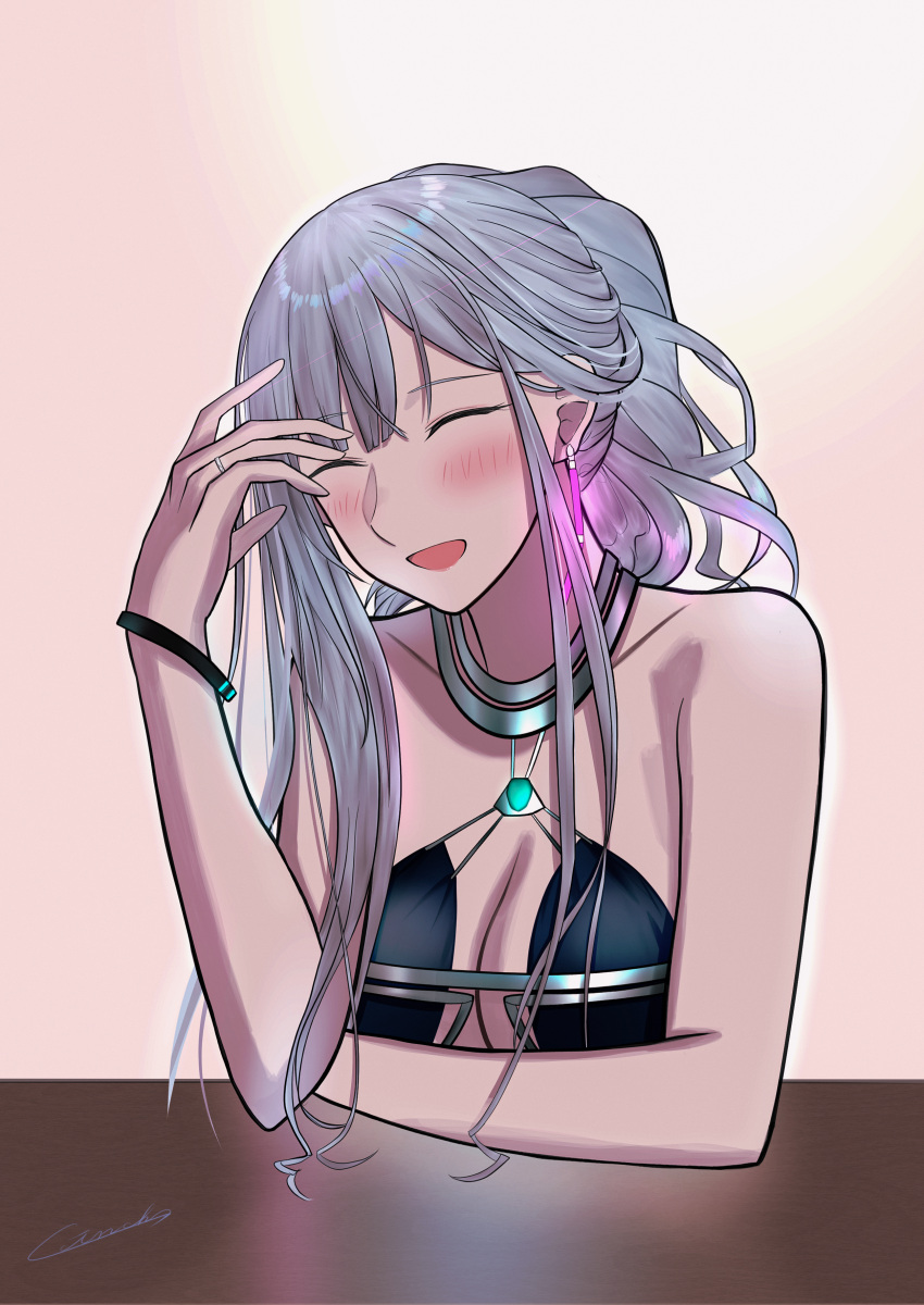 1girl absurdres ak-12_(girls'_frontline) ak-12_(quiet_azure)_(girls'_frontline) aqua_dress arm_up artist_name bangs bar_(place) bare_shoulders blush bracelet breasts cleavage closed_eyes collarbone commentary dress earrings elbow_on_table gincho girls'_frontline grey_hair highres jewelry laughing long_hair medium_breasts official_alternate_costume open_mouth parted_lips ponytail simple_background smile solo upper_body