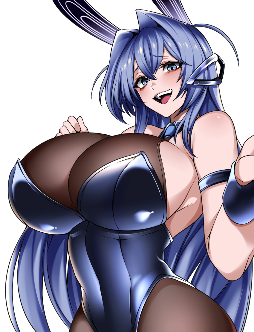 1girl absurdres animal_ears arms_up azur_lane bare_shoulders blue_eyes blue_hair bodystocking breasts commission english_commentary highres huge_breasts hz_(murder_license_) leotard long_hair looking_at_viewer new_jersey_(azur_lane) new_jersey_(exhilarating_steps!)_(azur_lane) pantyhose playboy_bunny rabbit_ears simple_background smile white_background wrist_cuffs