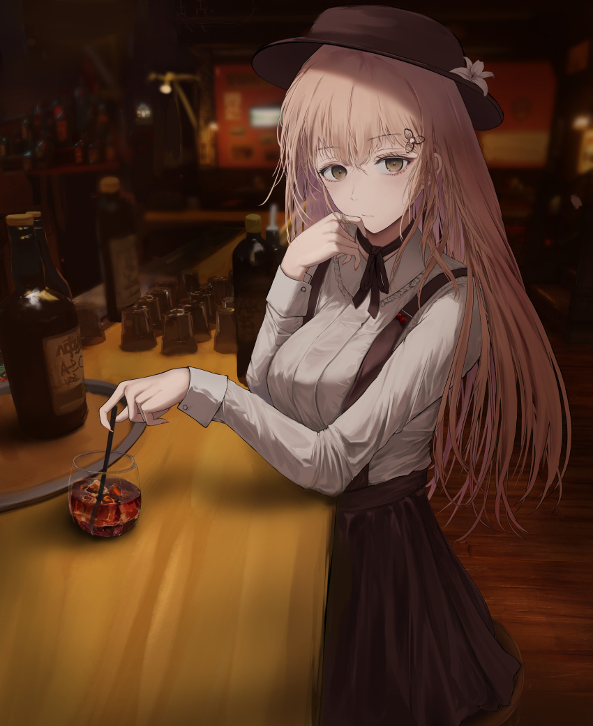 1girl absurdres adjusting_hair alc.3vol alcohol arm_up bangs bar_(place) bar_stool black_headwear blonde_hair borrowed_character bottle breasts brown_eyes brown_skirt closed_mouth commentary cup elbow_on_table hair_ornament hairpin highres long_hair long_sleeves looking_at_viewer medium_breasts neck_ribbon original ribbon shirt sitting skirt solo stool suspender_skirt suspenders white_shirt