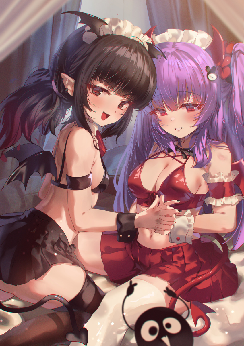 2girls animal_ears arm_strap bangs bat_ears bat_wings black_bra black_eyes black_hair black_nails black_ribbon black_skirt black_tail black_thighhighs black_wings blunt_bangs blush bra breasts cleavage commentary_request commission creature cross-shaped_pupils curtains demon_girl demon_horns demon_tail detached_collar detached_sleeves ear_piercing fingernails frilled_cuffs frilled_sleeves frills hair_ornament hair_tie heart highres holding_hands horns kneeling long_hair looking_at_viewer maid_headdress medium_breasts midriff multiple_girls nail_polish navel neck_ribbon open_mouth original piercing pleated_skirt pointy_ears ponytail purple_hair rabbit_hair_ornament red_bra red_eyes red_pupils red_ribbon red_tail red_wings ribbon shuru_y sidelocks sitting skeb_commission skirt small_breasts smile symbol-shaped_pupils tail teeth thighhighs twintails underwear white_thighhighs wings wrist_cuffs