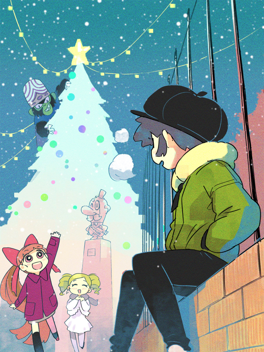 3girls akazutsumi_momoko arm_up bangs black_hair black_headwear black_pants blonde_hair blunt_bangs bow cabbie_hat christmas christmas_ornaments christmas_tree coat commentary drill_hair film_grain goutokuji_miyako green_jacket hair_bow hands_in_pockets hat highres jacket long_hair long_sleeves looking_at_another matsubara_kaoru mayor_(ppg) medium_hair minawa mojo_jojo monument multiple_girls night open_mouth outdoors own_hands_together pants powerpuff_girls powerpuff_girls_z purple_coat red_bow red_eyes red_hair short_hair sitting sky smile snowing standing star_(sky) star_ornament starry_sky twin_drills twintails very_long_hair walking waving