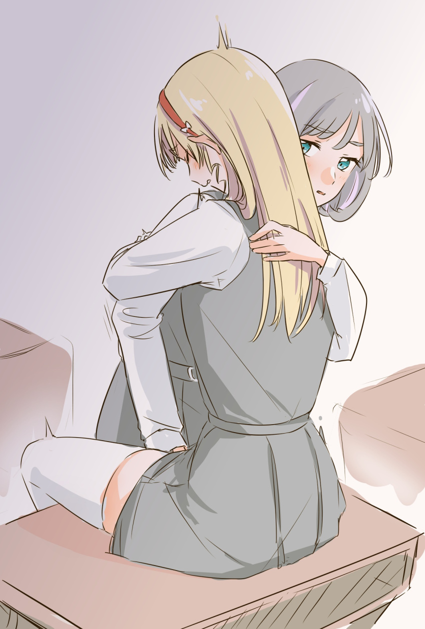 2girls annoyed between_legs blonde_hair blue_eyes blush bow clenched_teeth closed_eyes commentary_request desk grey_background hair_bow hairband half-closed_eyes hand_between_legs hand_on_another's_back hand_under_clothes head_on_another's_shoulder heanna_sumire highres hug implied_fingering kikorinolily light_brown_hair long_hair love_live! love_live!_superstar!! multiple_girls on_desk parted_lips red_hairband school_desk school_uniform shiny shiny_hair short_hair sitting sitting_on_desk sketch tang_keke teeth twitching yuigaoka_school_uniform yuri zettai_ryouiki
